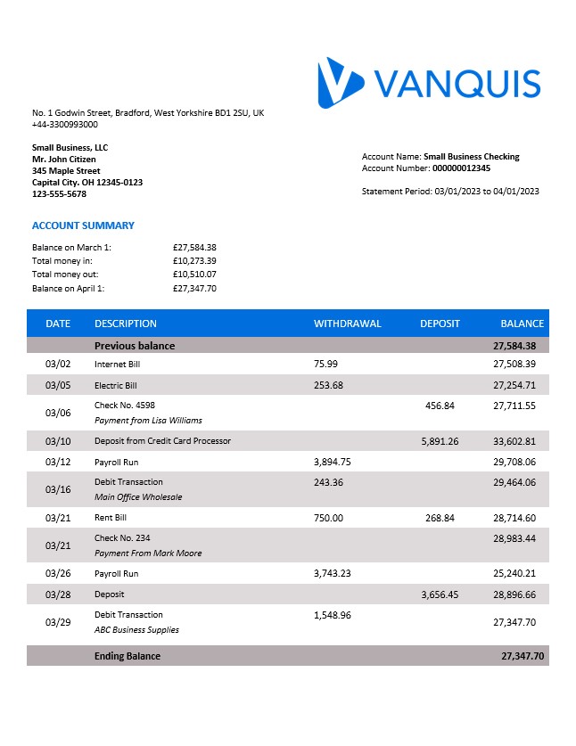 Modèle Word et PDF de relevé de compte de l'organisation Vanquis Bank